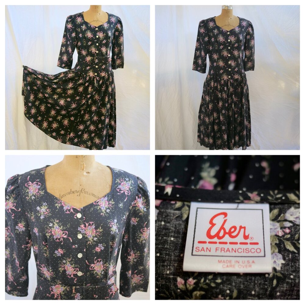 vtg 80s EBER San Francisco Floral Drop Waist Full Skirt Dress Cottagecore 13/14
